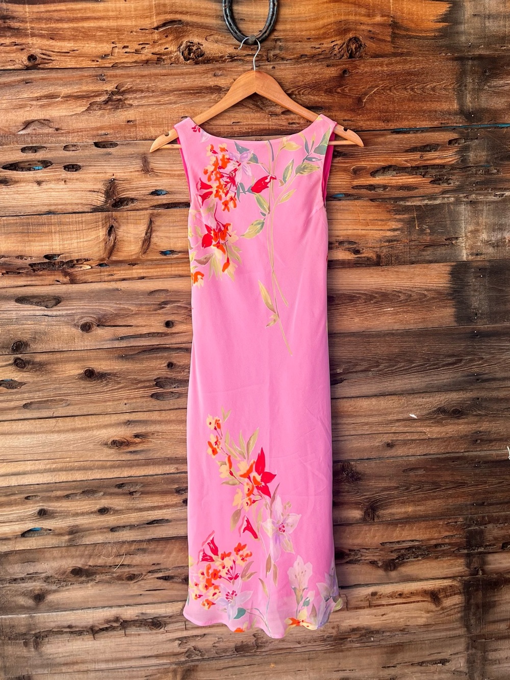 VINTAGE | Mannequines 100% Silk 90s Y2K Sleeveless Pink Floral Midi Dress M